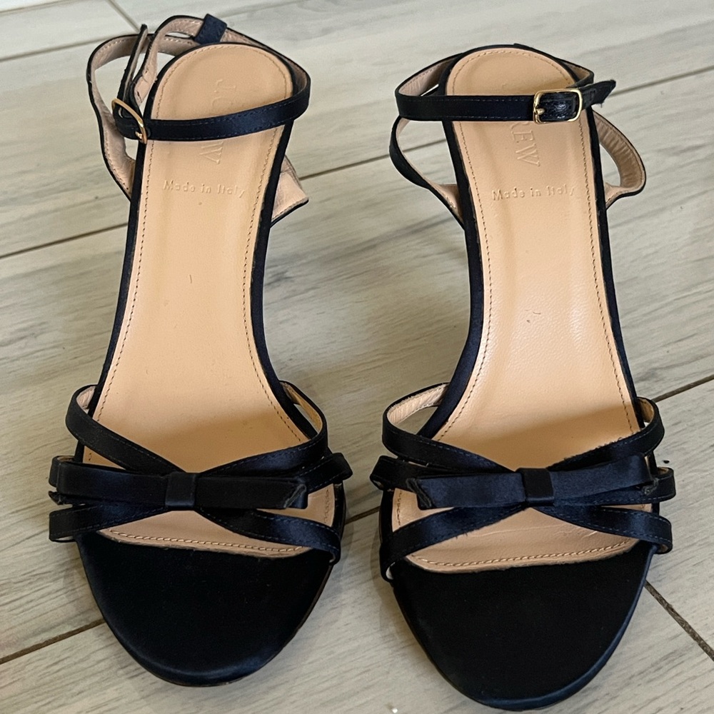 J Crew Navy Blue Satin Bow  Open Toe Anckel Straps Heels 7.5